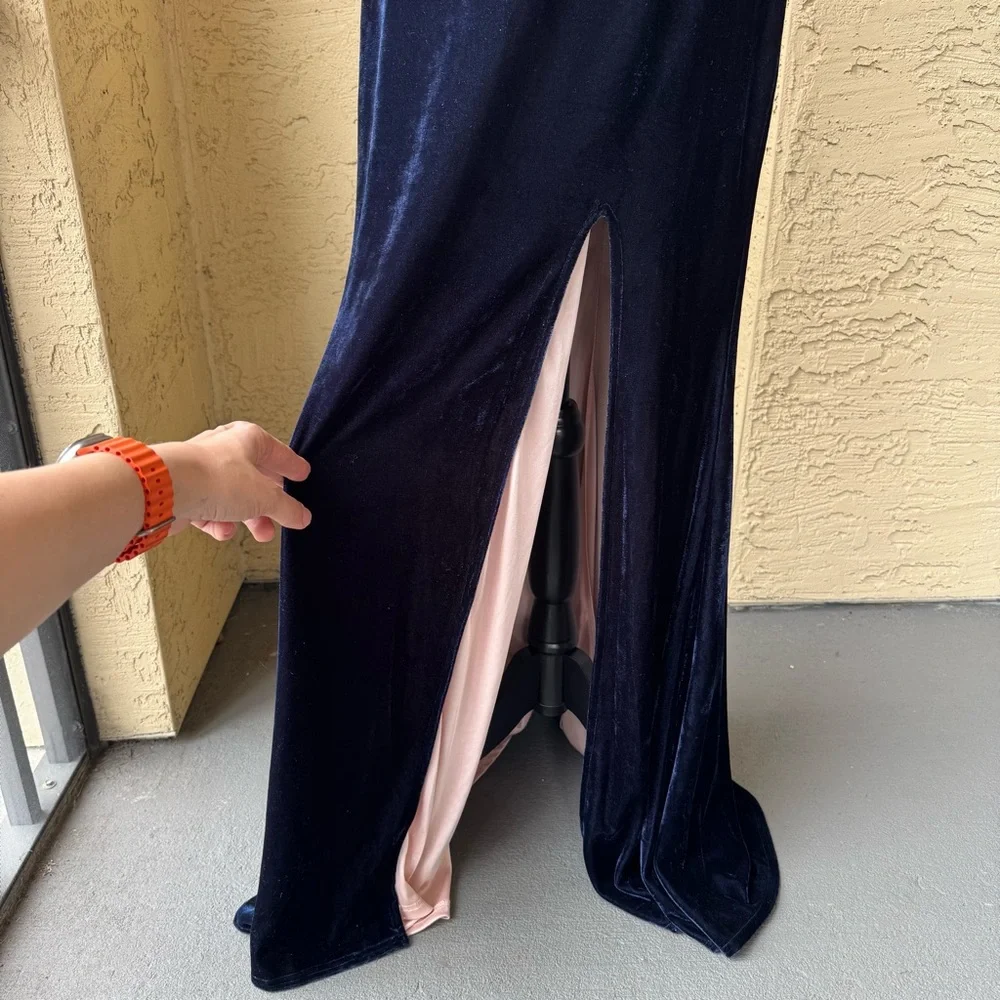City Vibe Juniors Blue Velvet Dress 11 Maxi Evening Gown Off Shoulder High Slit